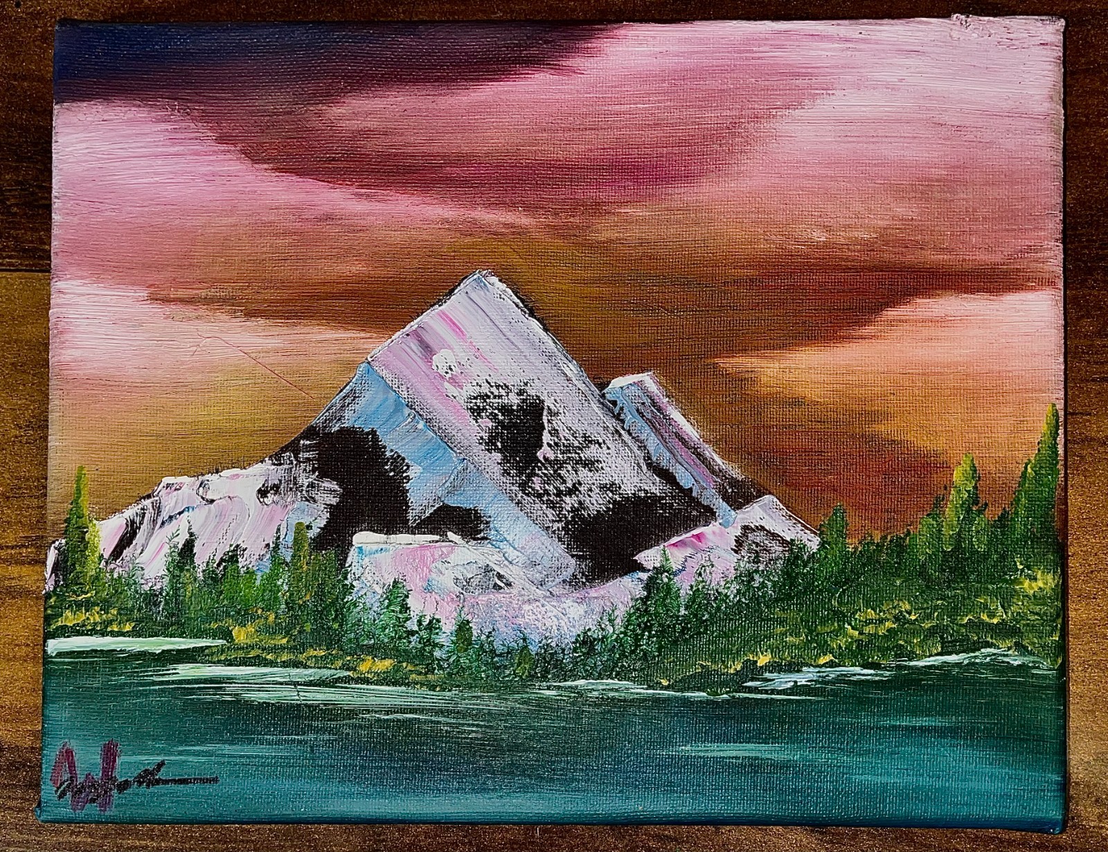 8×10 PNW Original Oil Painting Bob Ross Inspired Mountains Signed