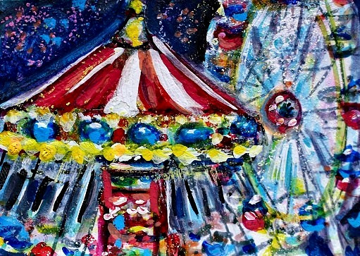 ORIGINAL ACEO Painting CARNIVAL Fair Amusement Park Ocean City Rides Fun ATC ART