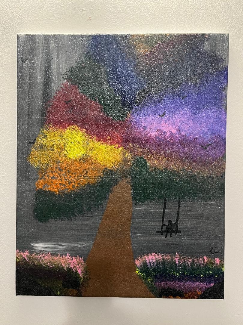 multi color tree acrylic painting with girl taking a swing