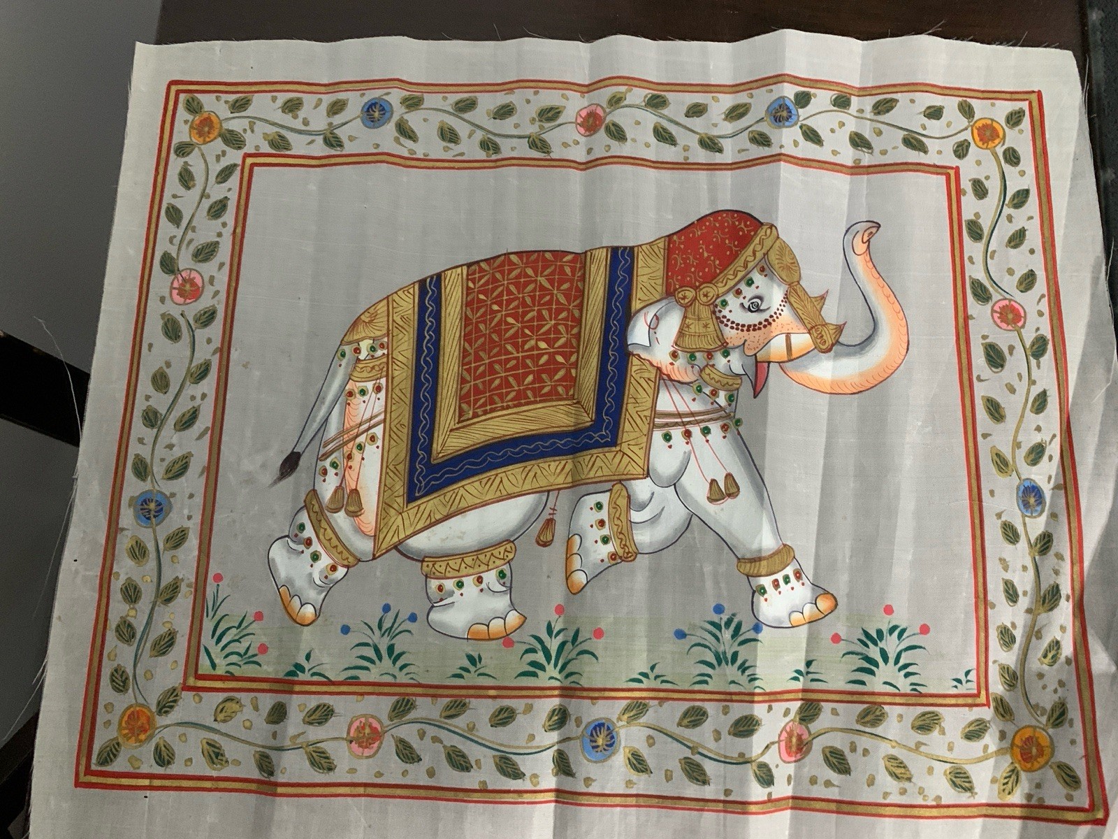 3 – AUTHENTIC Vintage Indian Elephant Paintings Art on Silk Fabric Bought INDIA