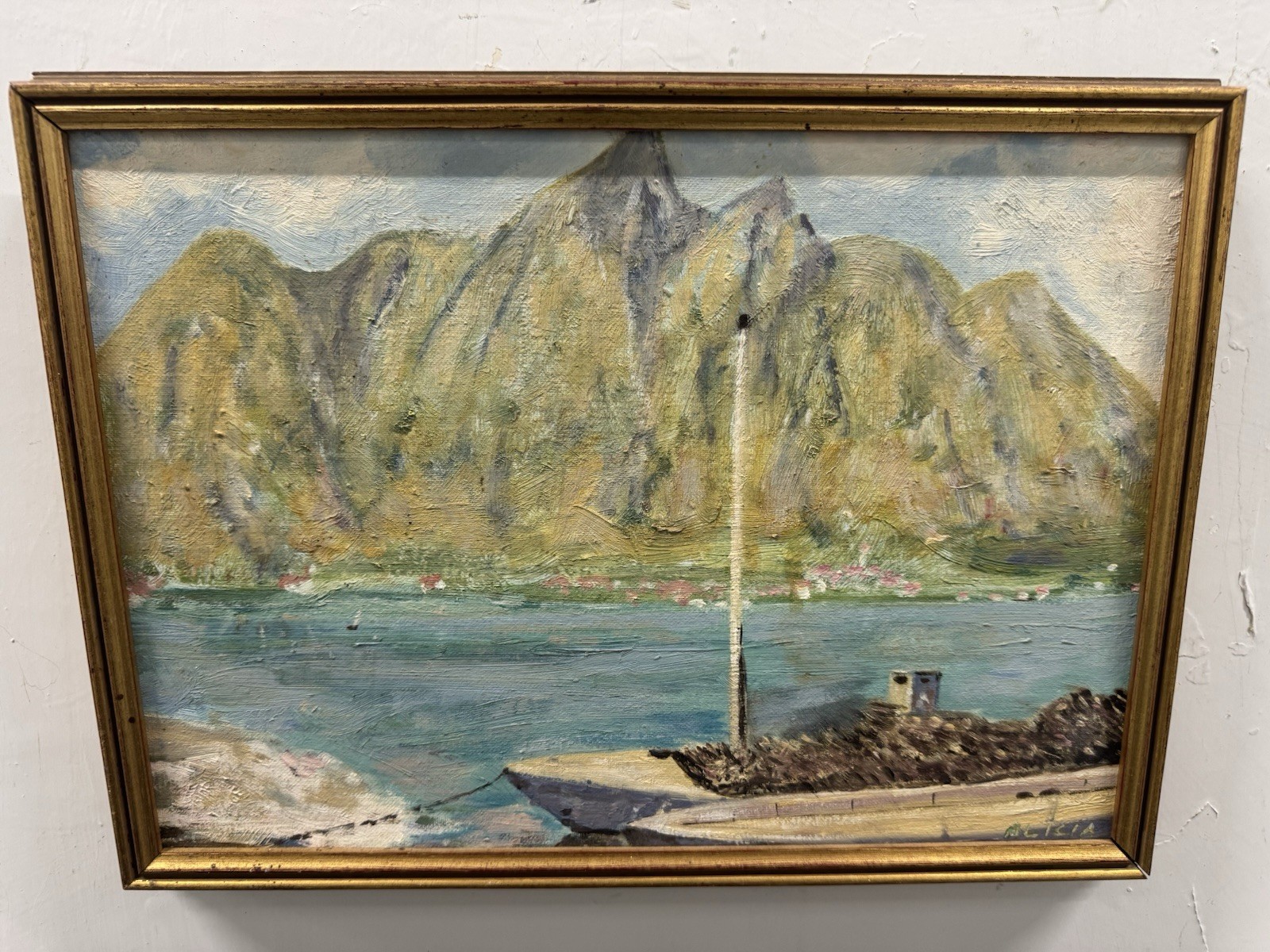 ORIGINAL ART BOAT HARBOR COASTAL MOUNTAIN IMPRESSIONIST