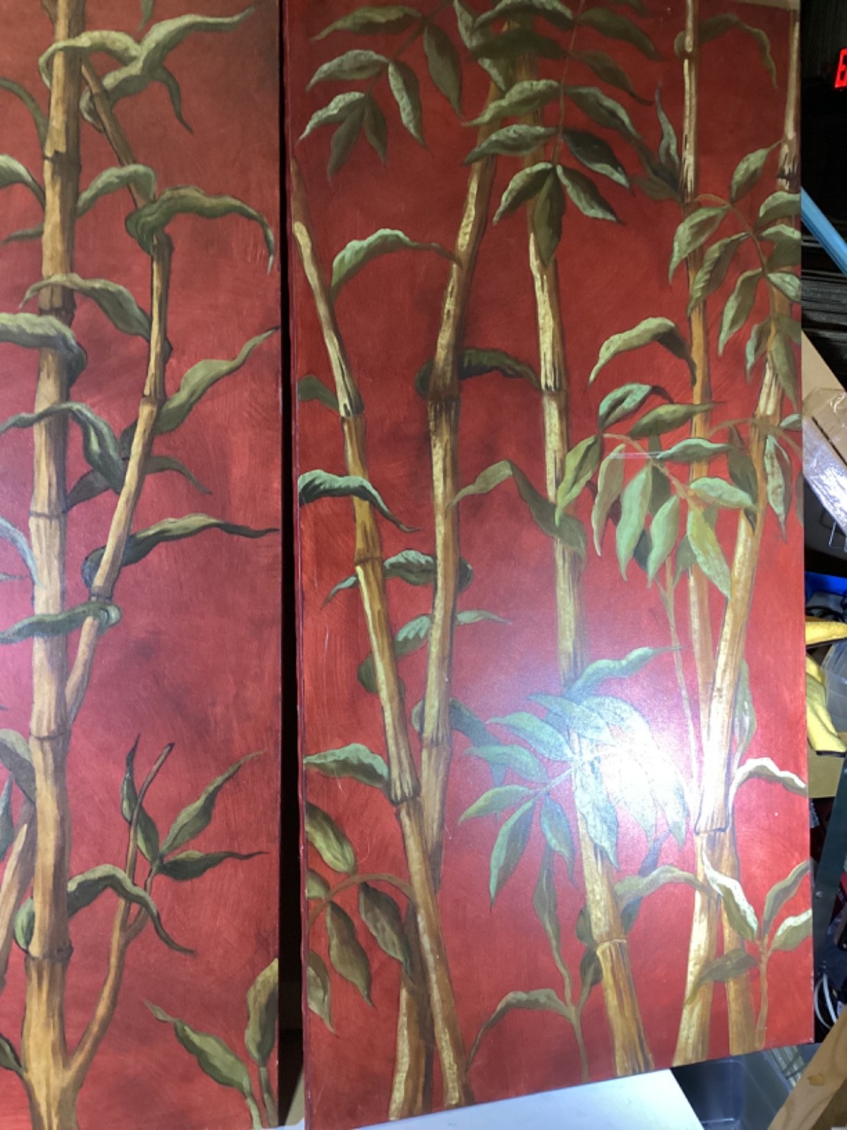 48”x24” Bamboo Tree Painting By Local CT Artist Red Background Original Set of 2