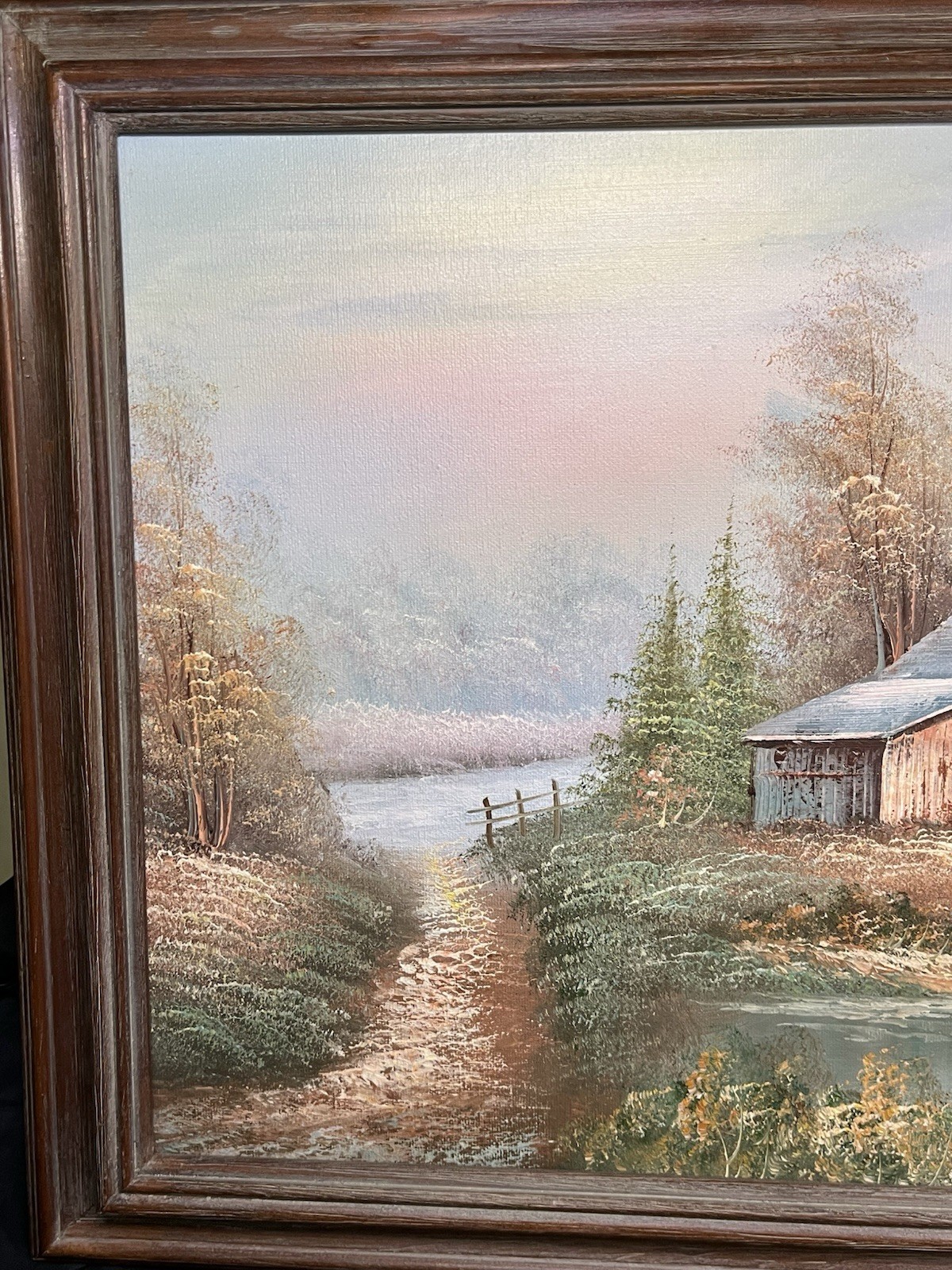 VINTAGE ORGINAL OIL ON CANVIS RUSTIC BARN ON WATER SCENE FRAMED 12 X 16” SIGNED