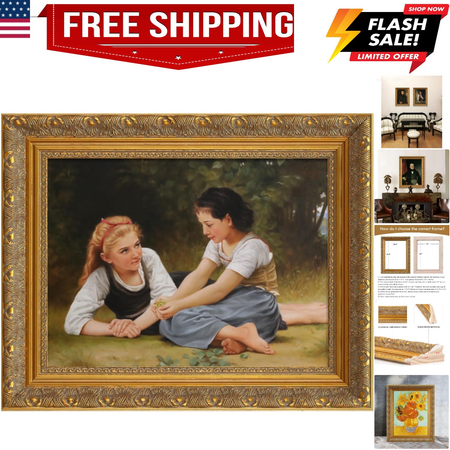 Wood Canvas Frame for 12×16 Oil Paintings, Finished 12×16 Gold Ornate Frame f…