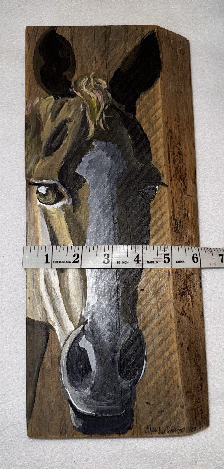 Original Folk Art Signed HORSE PORTRAIT On Rustic Wood Plank Board Painting 2015
