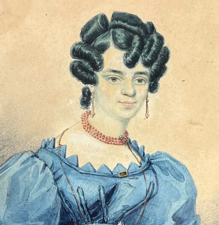 Antique 1830s Colored Lithograph portrait young Woman Wood Framed 7”x 8”