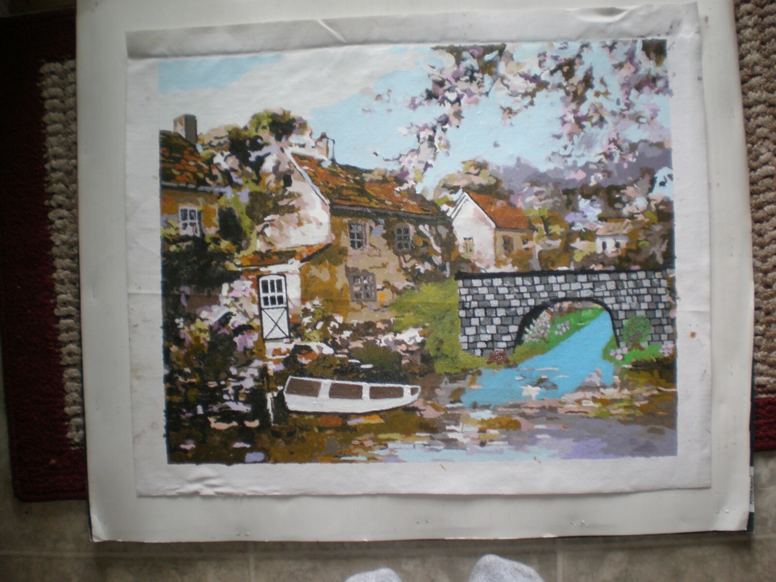 Village Hand Painted By Number Oil Painting on Canvas Completed 16 x 20