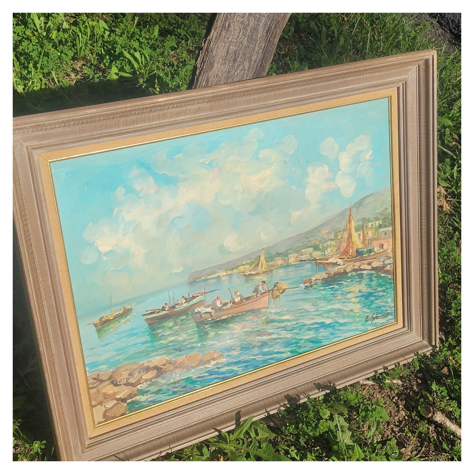 Still Life Original Oil Painting On Canvas Antique Hand Painted Italian Seascape