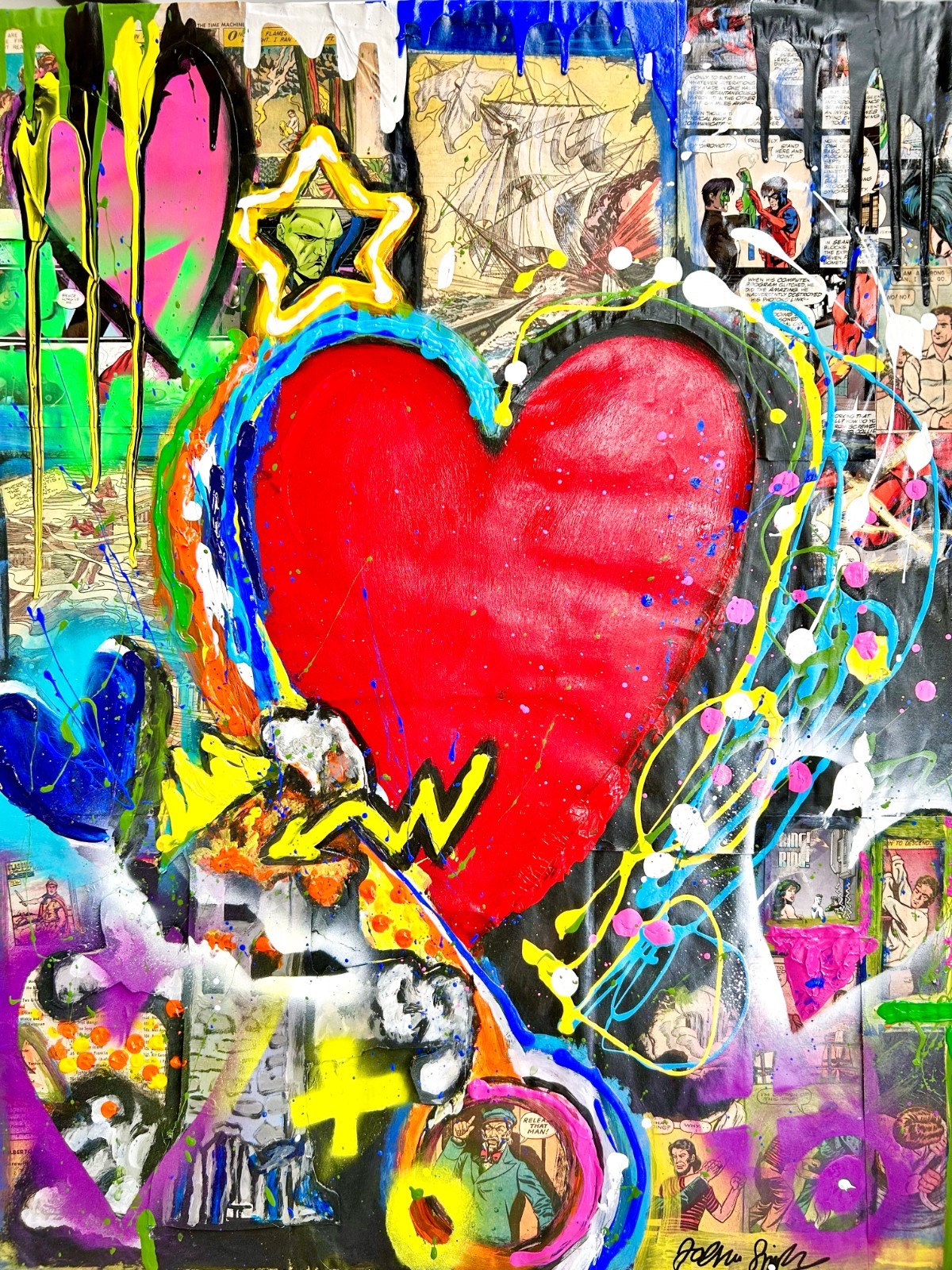 Original, hand-painted pop art collage heart with vibrant colour and attachments