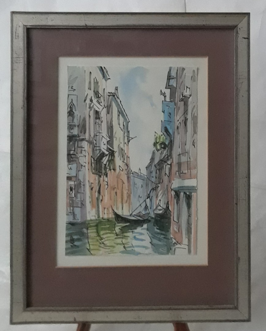 Watercolor & Ink on Paper, Venice Canal Signed Silver Framed with Brown Matting