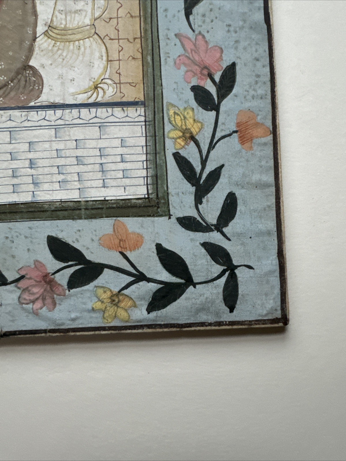 Vintage Persian Painting Courtyard Flower Border On Silk 19.5 X 13.5 Inches