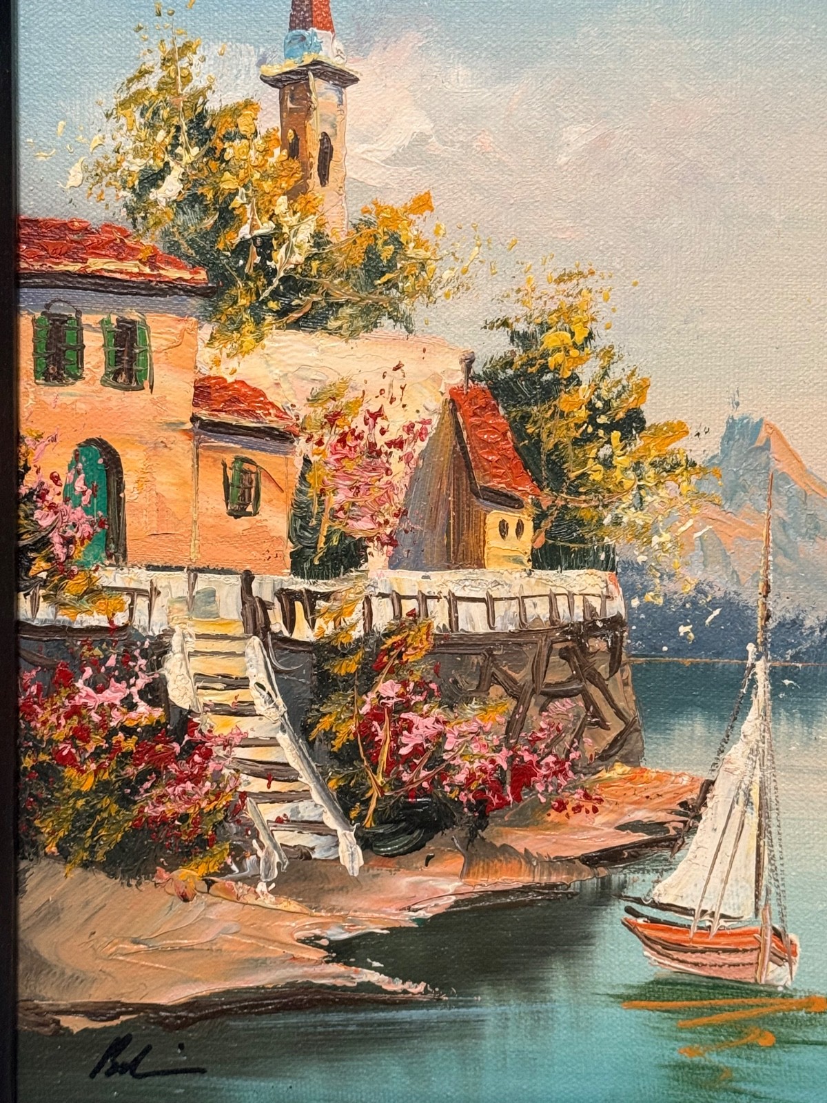 Vintage Cottagecore European Lakeside Village Oil Painting Rustic Framed