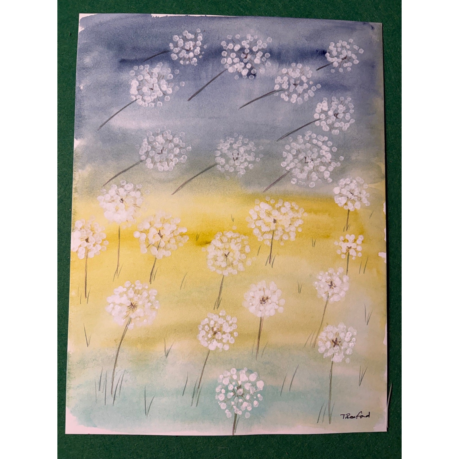 Hand painted watercolor original painting dandelions in the breeze