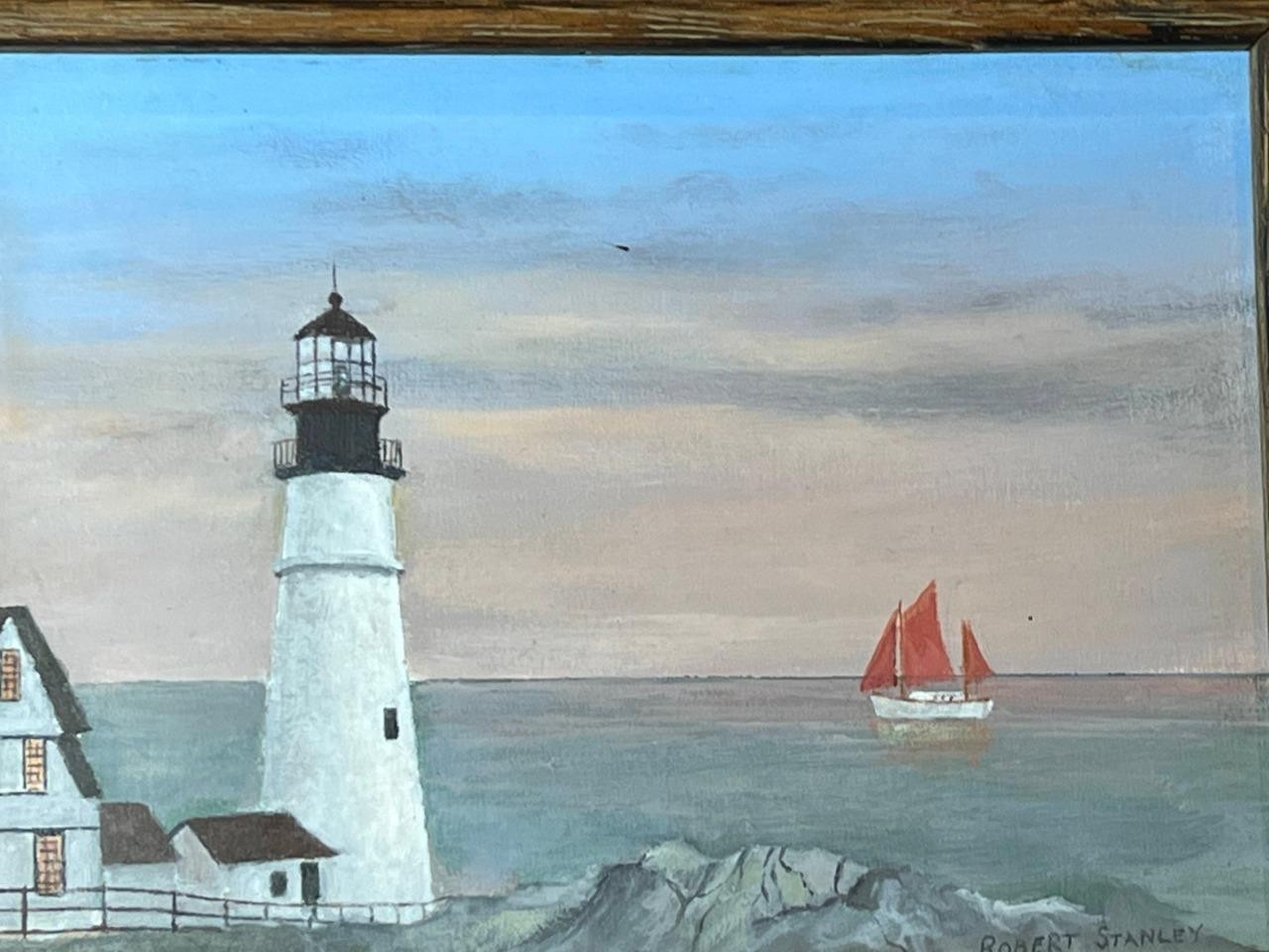 Vintage American Art Nautical Lighthouse Coastal Landscape Seascape Oil Painting