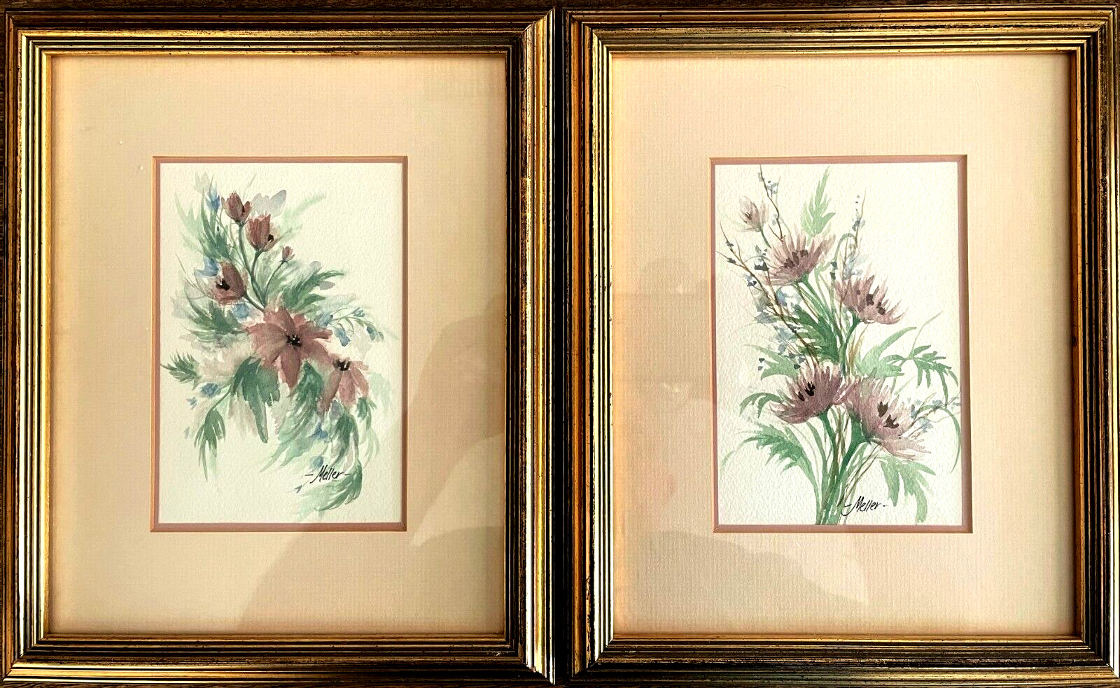 Pair Signed Botanical Watercolor Paintings Flowers Framed 11.25″ x 9.25″ Meller