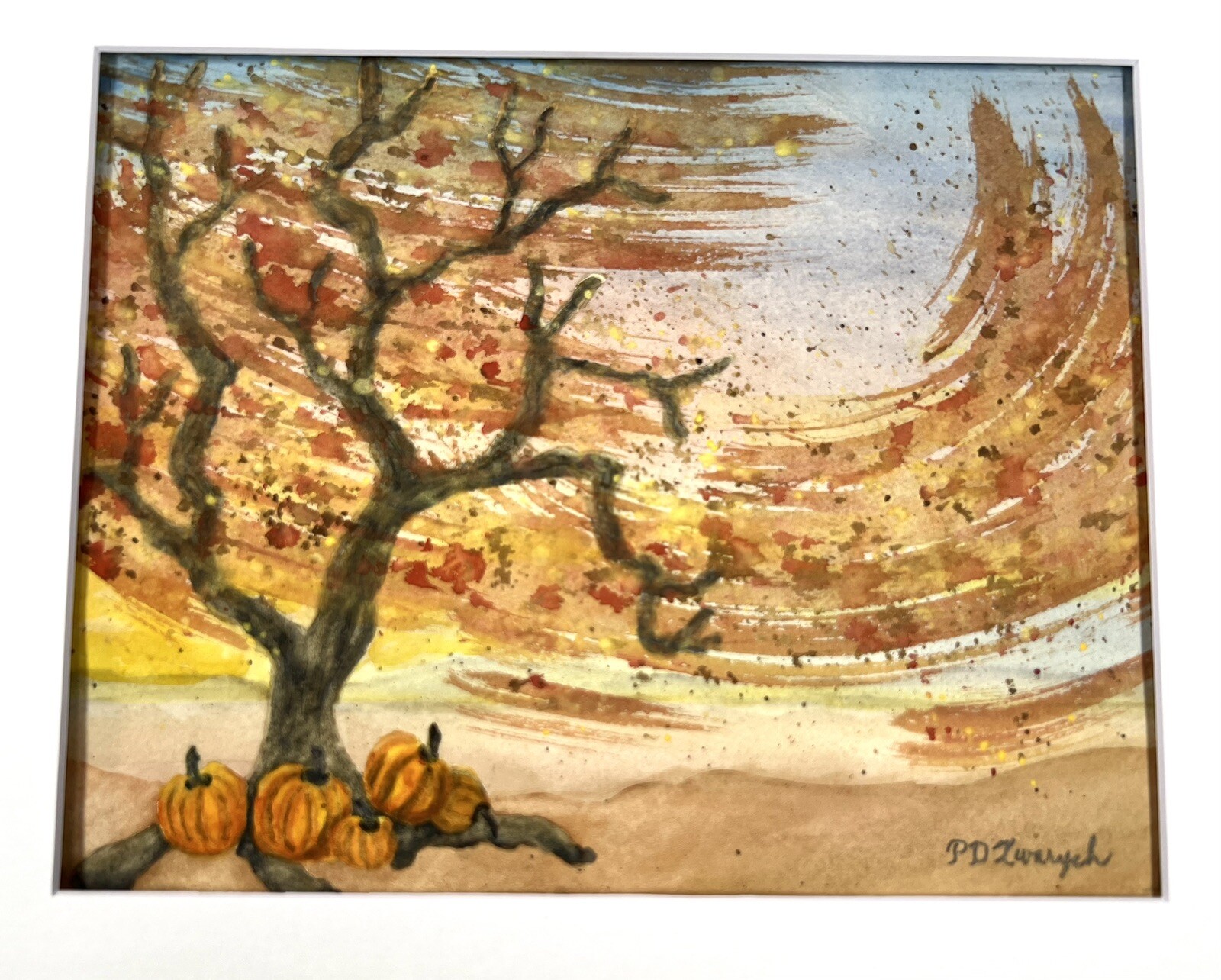 Watercolor Painting Pumpkin Autumn Tree Fall Scene Folk Art 11×14” Matted Signed