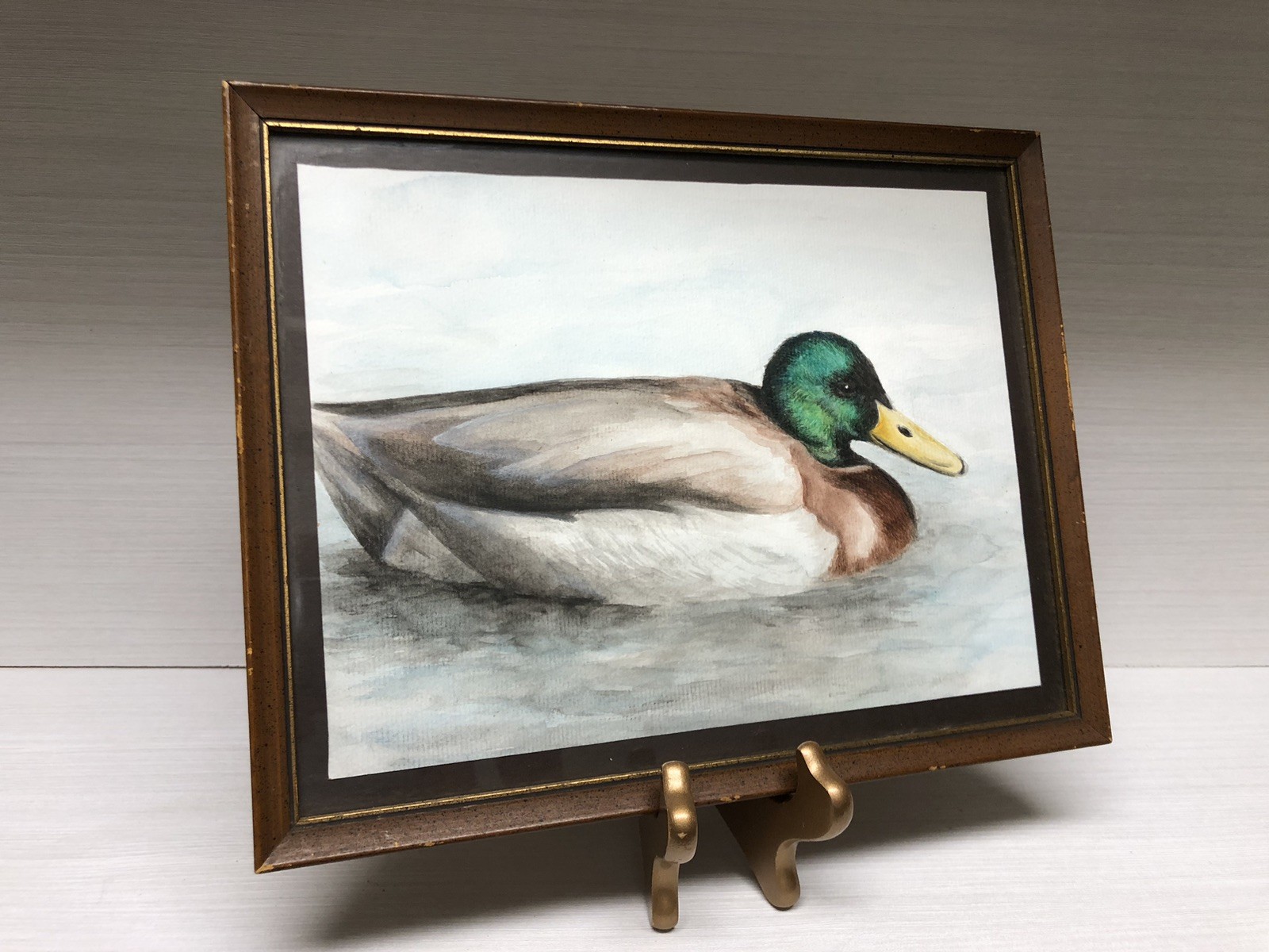 VTG Wood Framed Mallard Duck In Lake Watercolor Painting 8.25 X 11.5”