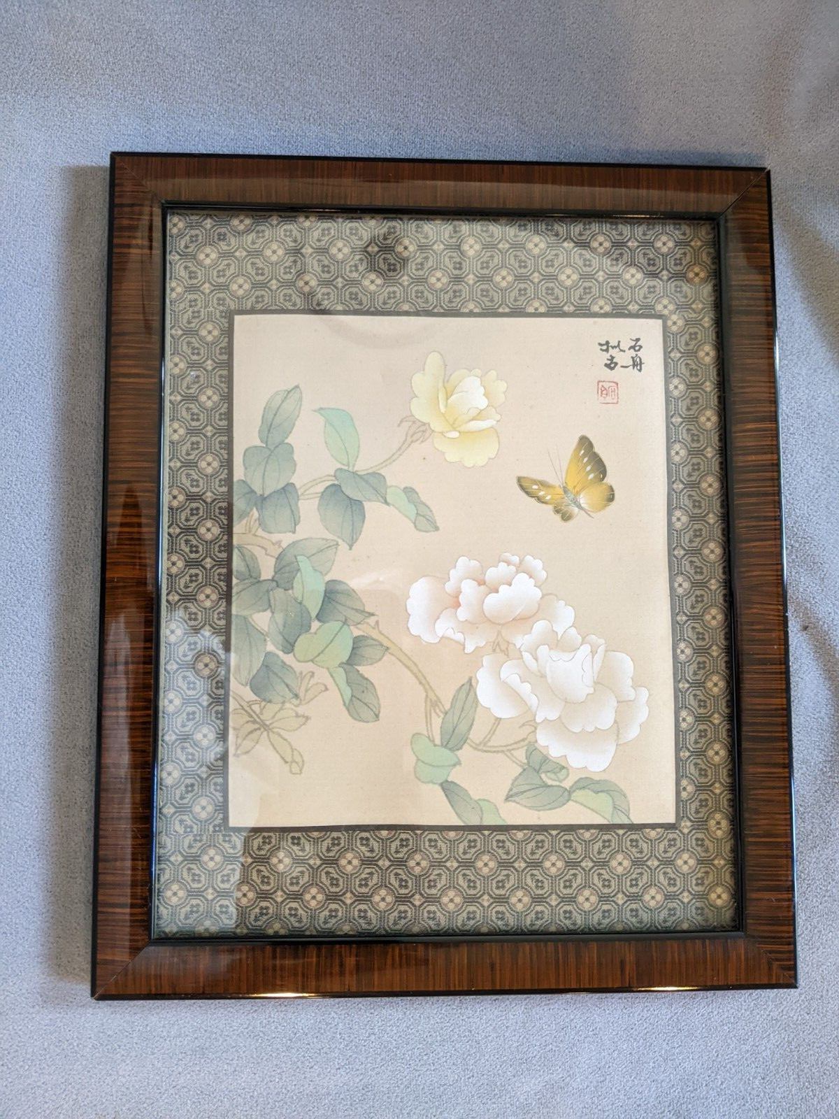 Oriental Butterfly and Flowers Watercolor Painting on Paper on Cloth Panel/Frame