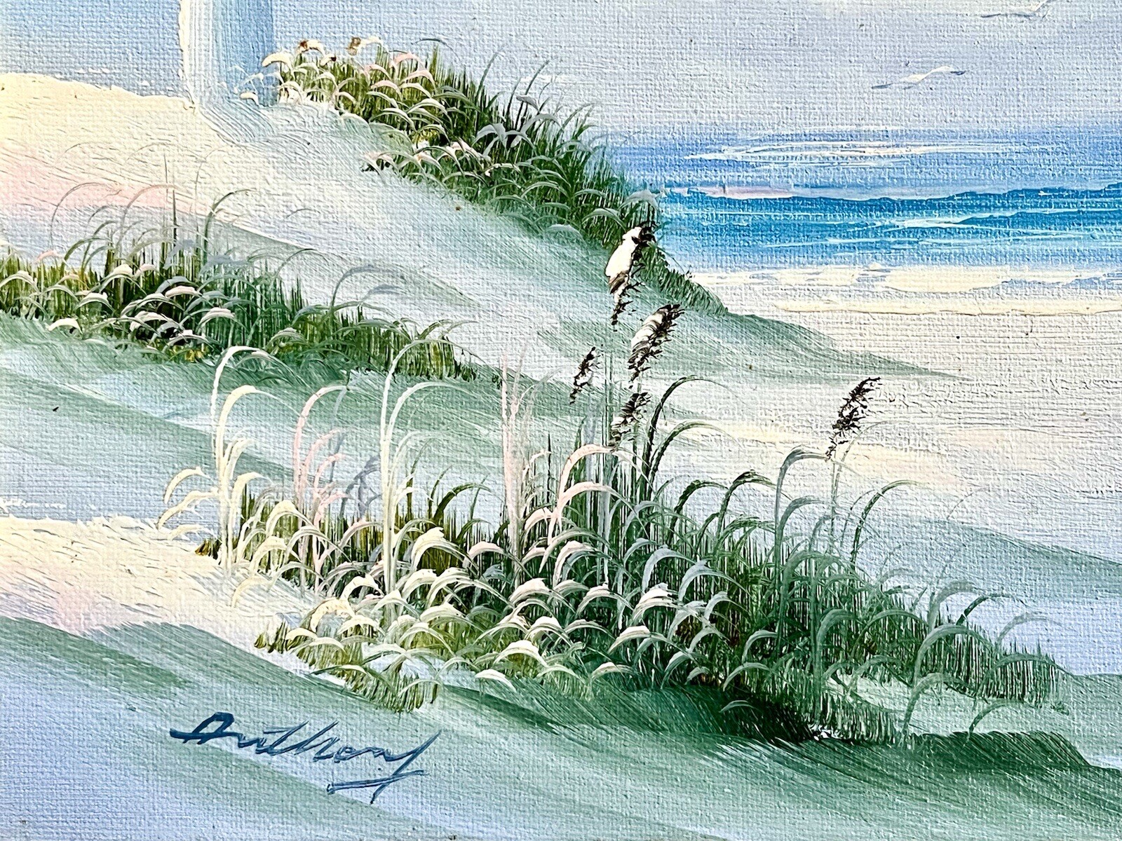 Vintge Shades of Blue ORIGINAL Coastal Lighthouse Seascape SIGNED Anthony FRAMED