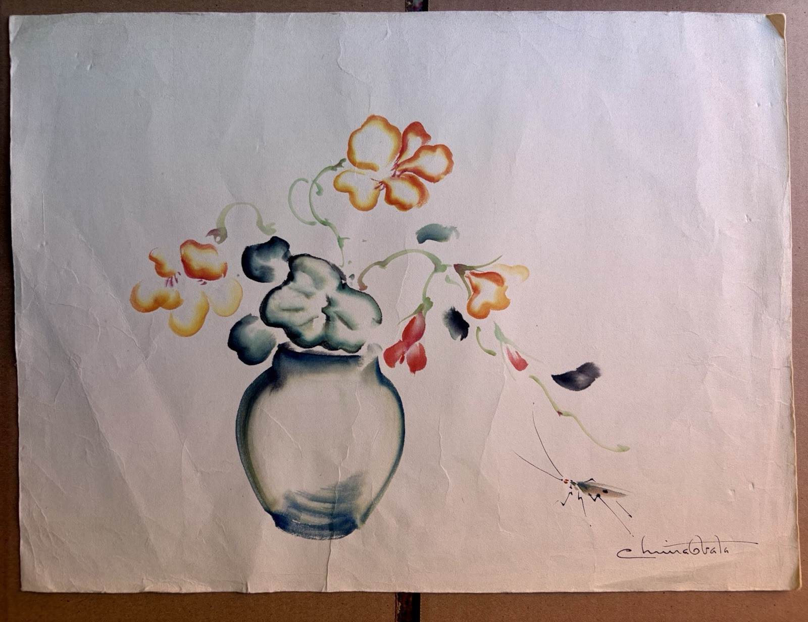 Chiura Obata Original Painting-Watercolor And Ink-Flowers In Vase With Cricket