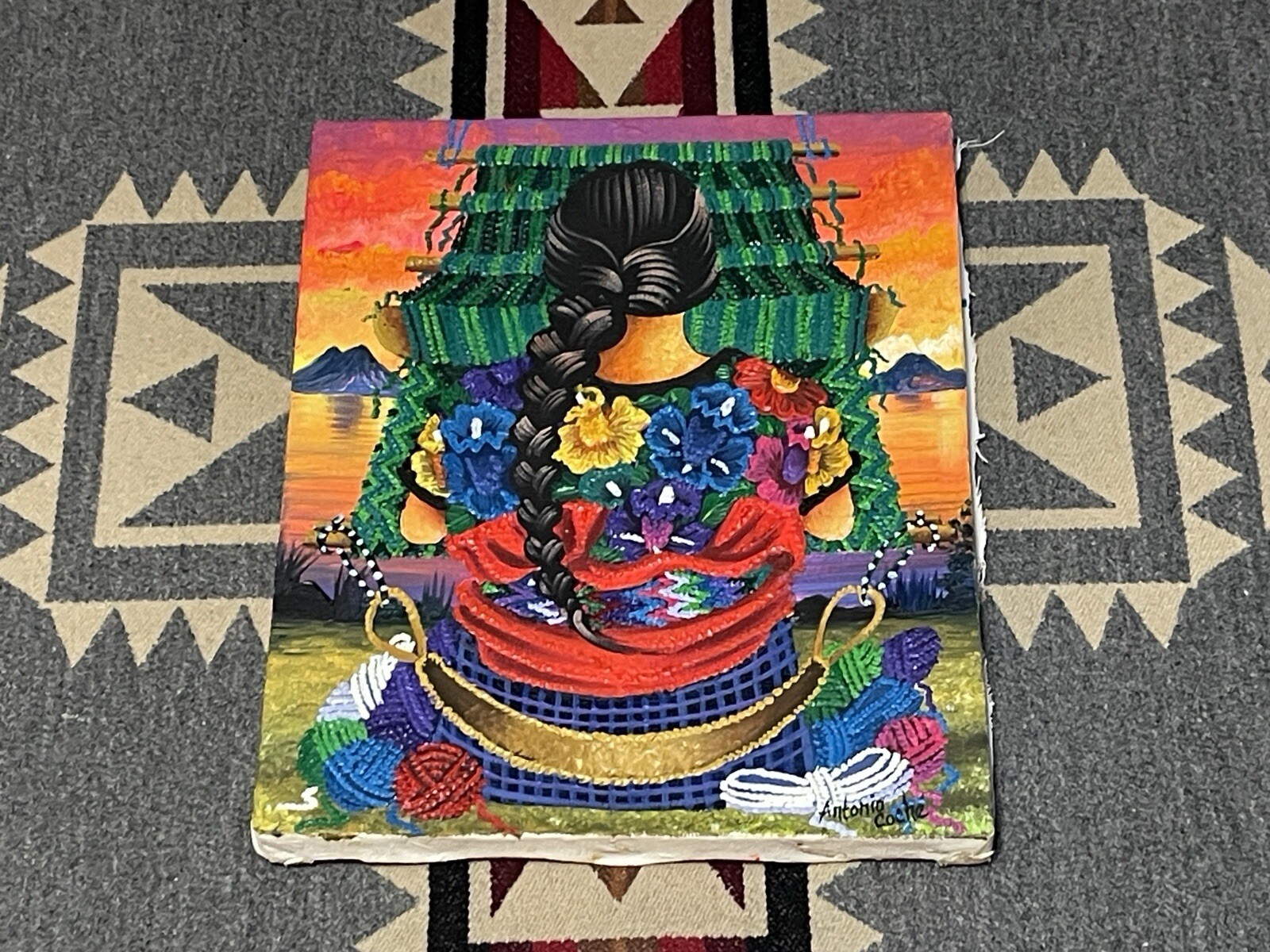 Antonio Coche Mendoza Mayan Woman Weaving Oil Painting Guatemala Folk Art