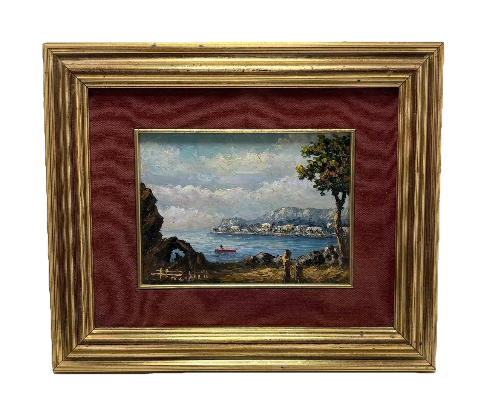 Mediterranean Coastal Oil Painting Canvas Framed & Matted Signed 11.5 X 13.75”