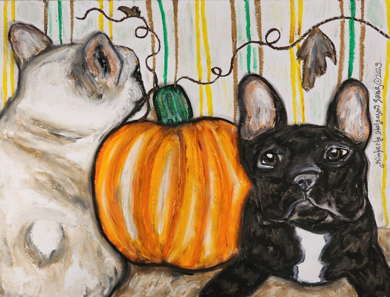 FRENCH BULLDOG HALLOWEEN Original 9×12 oil Pastel Painting KSams Dog Frenchies
