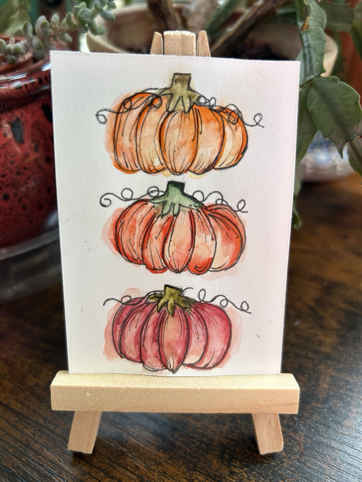 ACEO Original Pumpkin Stack Watercolor Painting Autumn art Fall Halloween Signed
