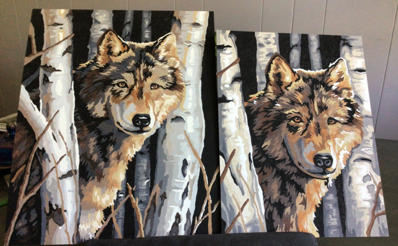 Pr of VTG Paint By Number Paintings, Wolf Among Birches, 12×9” & 11×14” unframed