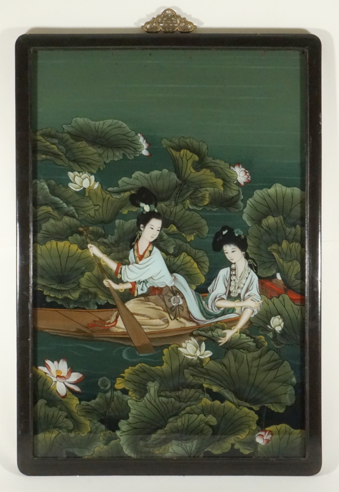 Chinese Reverse Painting on Glass Two Maidens Boating ca. Mid-20th Century 20×28