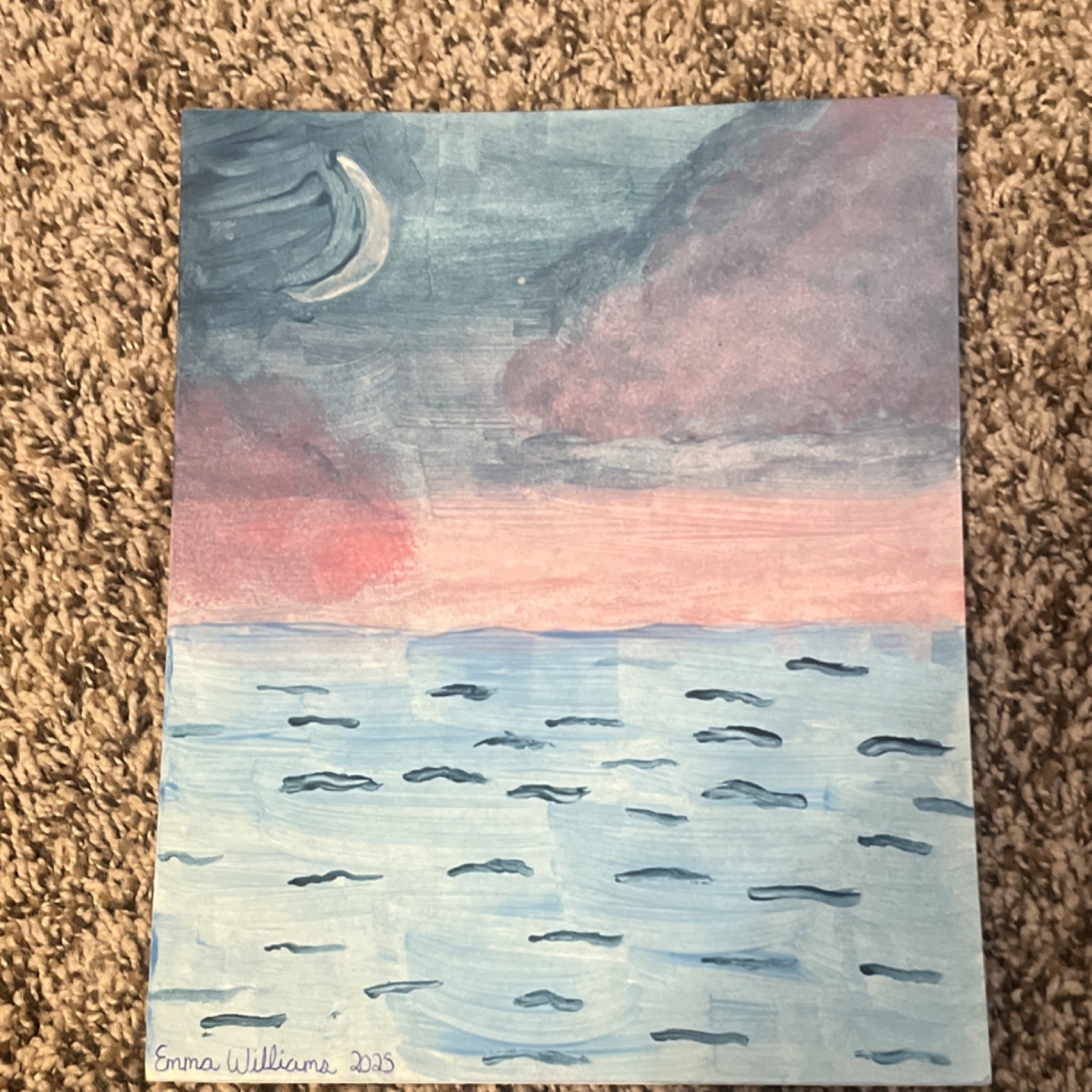 Emma Williams Original OOAK Signed Seascape Sunset Painting on Paper 2025