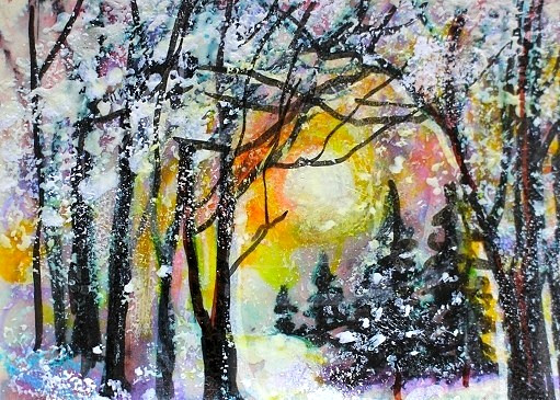 ACEO Original WINTER PAINTING Snow Pine TREES Sunset Landscape Forest ATC ART