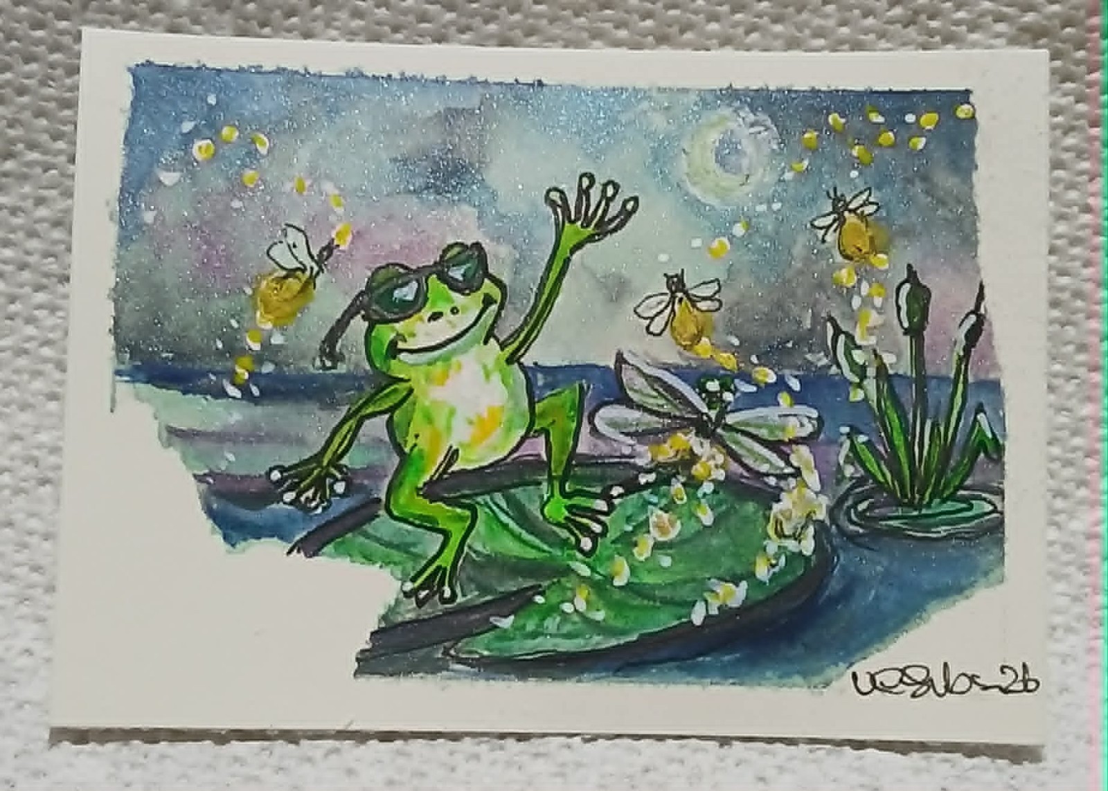 OOAK Frog ACEO Watercolor Whimsy Pearlescent & Ink Pondfolk Collection VCGibson