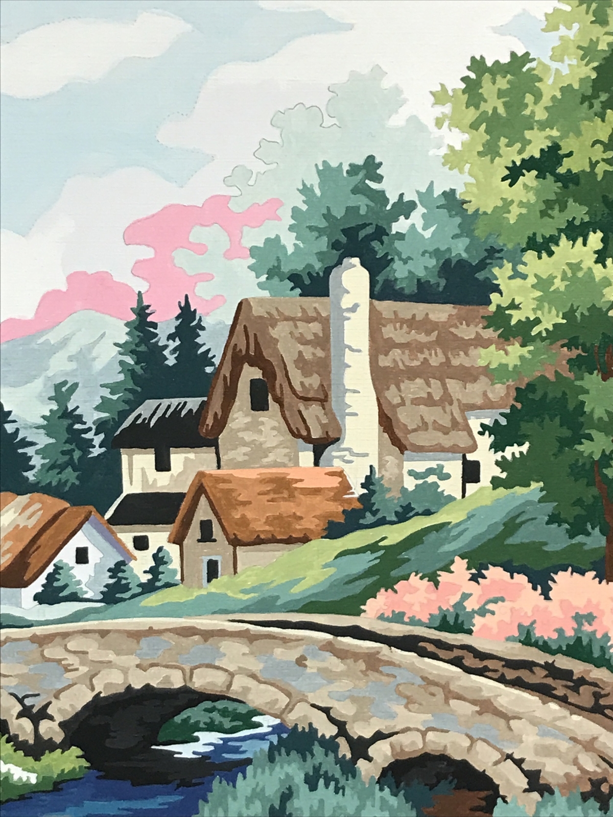 English Cottage Countryside Paint By Number House Pond Swans FINISHED PBN 20X12”