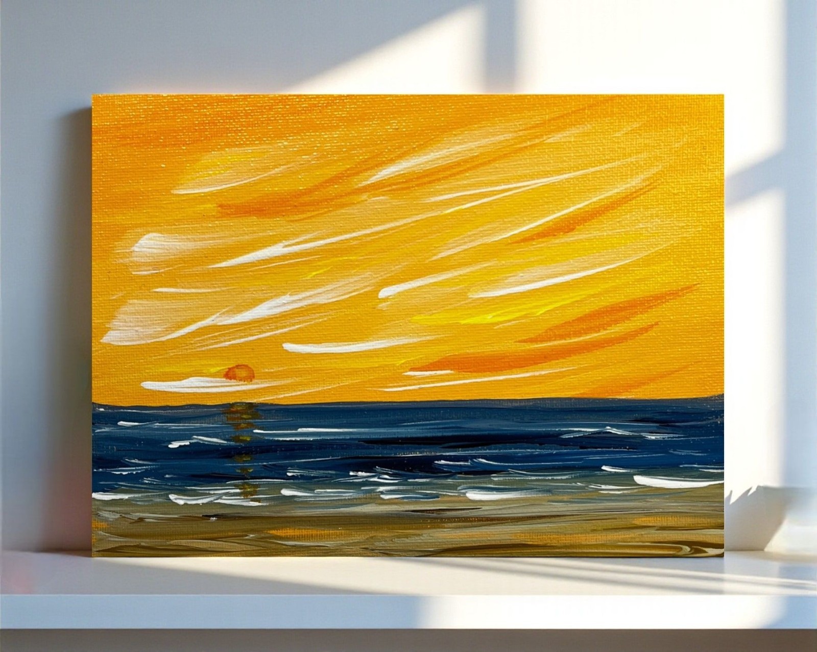 Sun Setting Over The Sea Acrylic Seascape Painting 6″ x 8″ Unframed – Signed