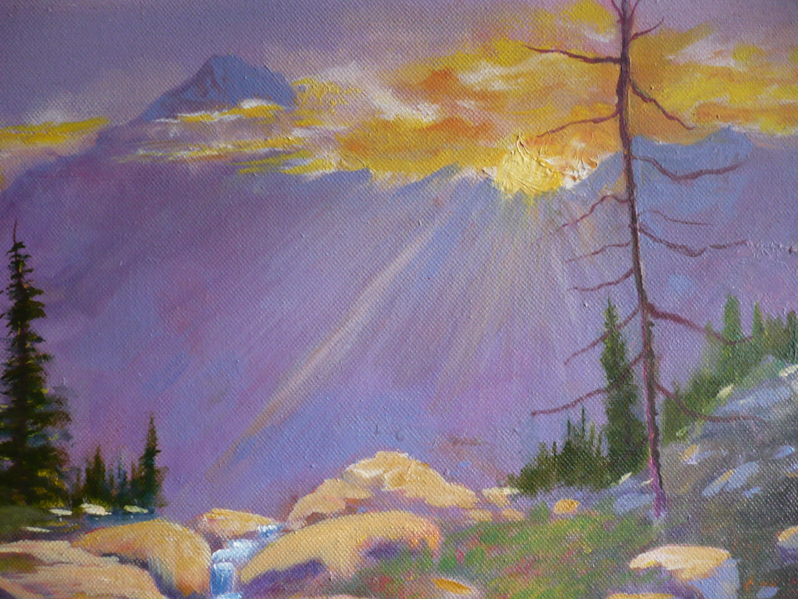 W.E. KNIGHT, Vintage OIL LUMINOUS WESTERN LANDSCAPE w/ DEER and RIVER MOUNTAIN