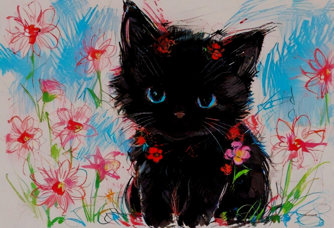 ACEO Mini *Art Print* of Black Fluffy Cat Baby Kitten & Red Flowers by Saulite
