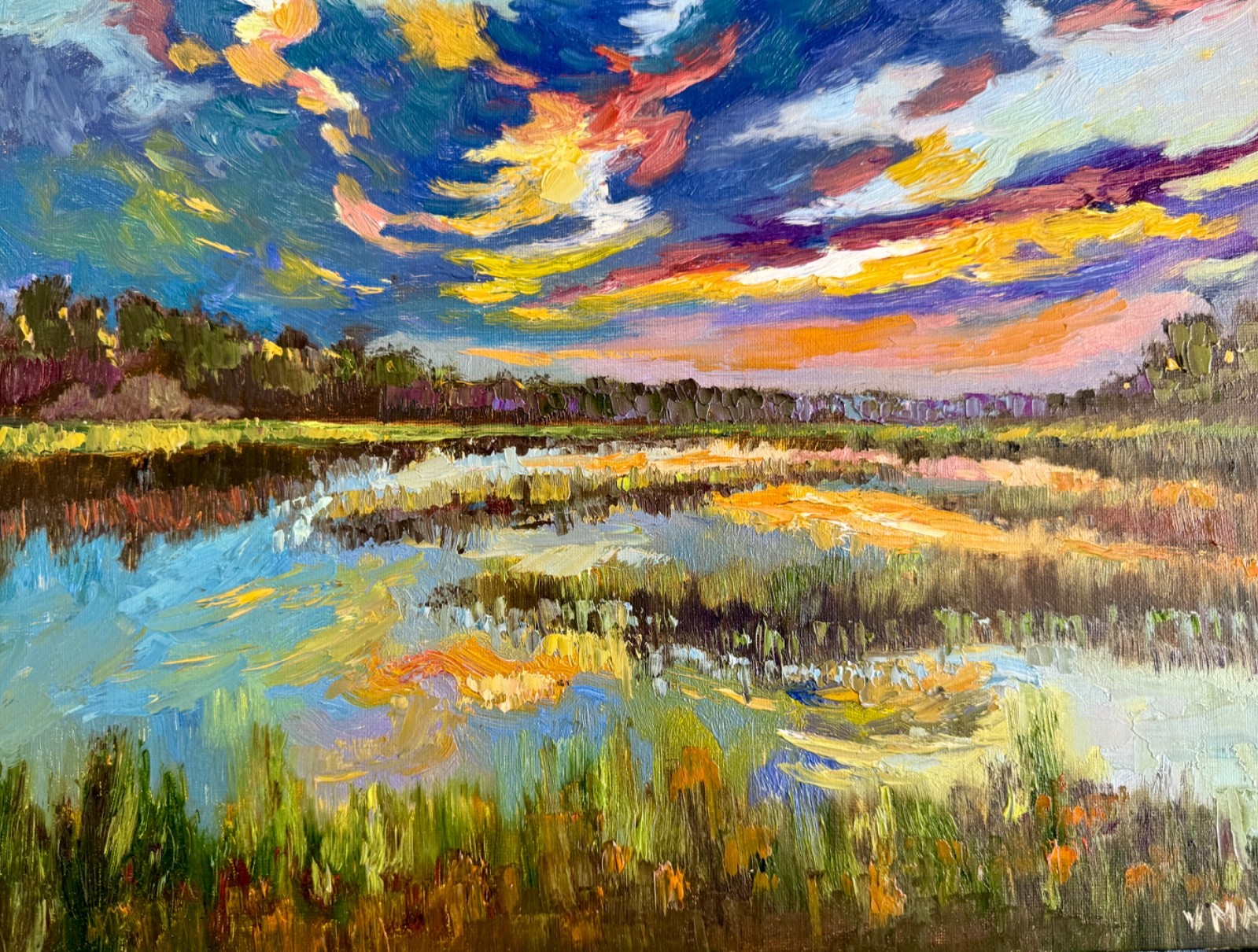 Abstract Landscape Oil Painting Original Impasto Textured Sunset Marsh art 15×12