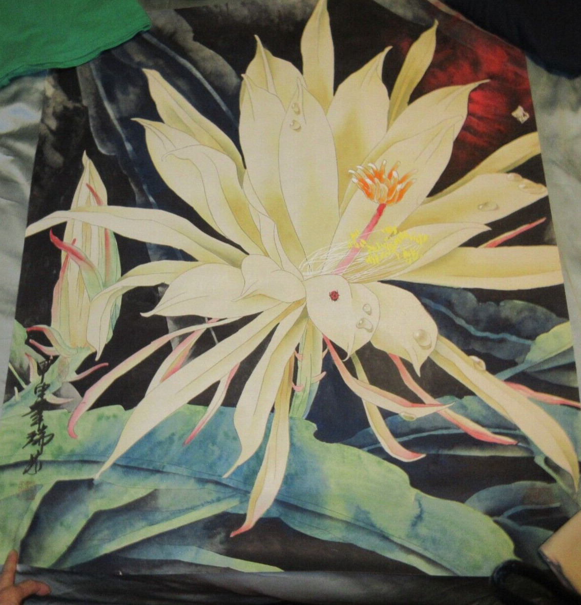 Night Blooming Epiphyllum White Cactus Original Watercolor Painting 35″ x 31.5″