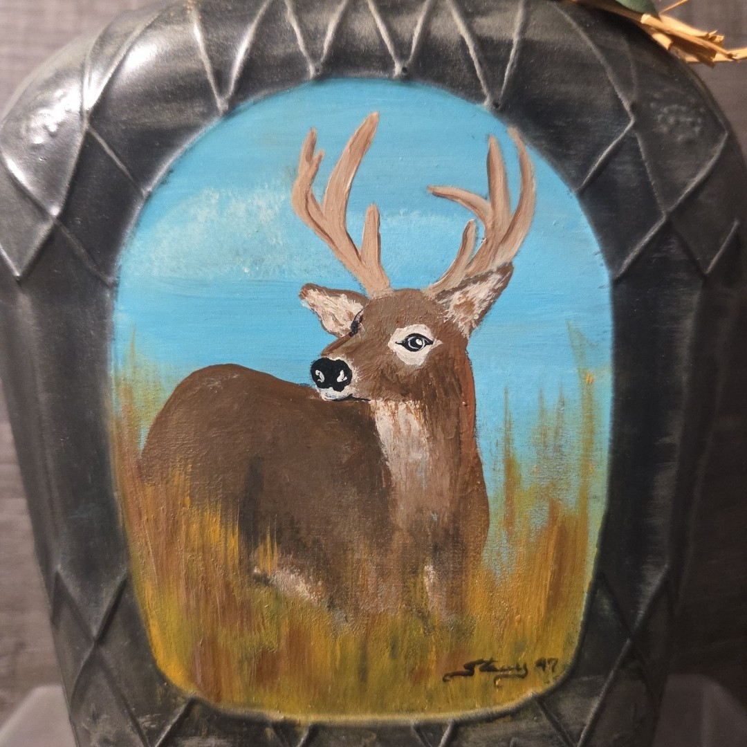 hand-painted empty Crown Royal bottle folk art deer painting vintage pewter tone