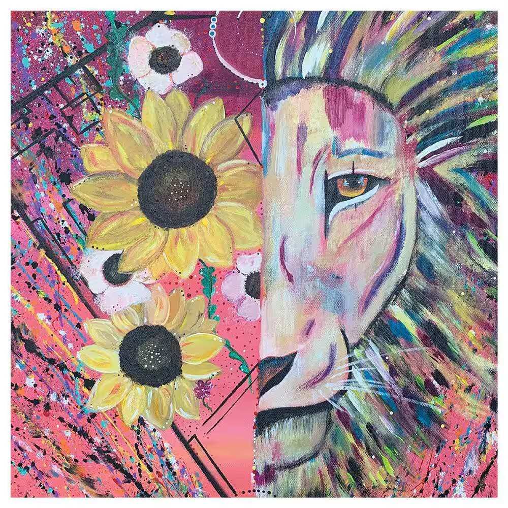 Lion Flower Splatter Design by Sarah Wahl 1-Piece Unframed Canvas Drawing Print