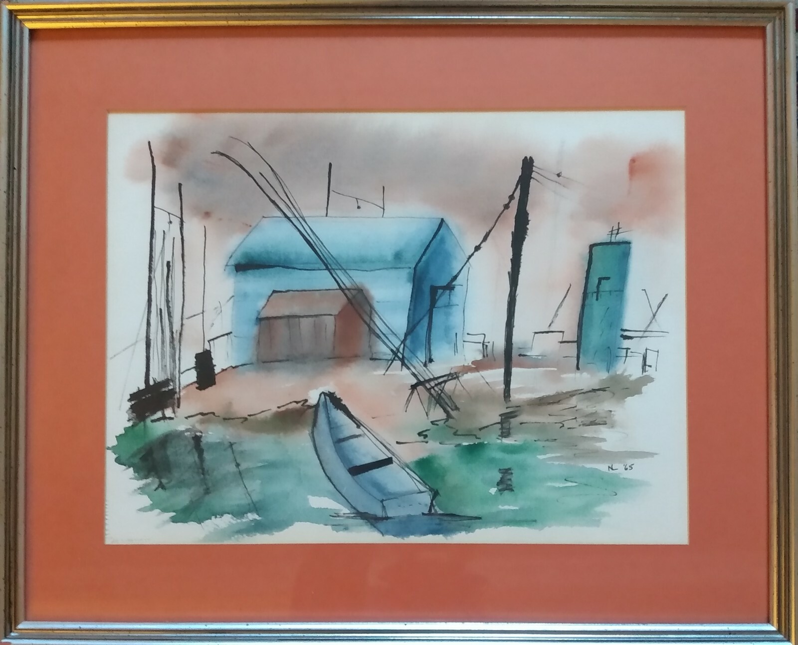 Original Watercolor Painting/Artist Signed/1965/Nautical/Boats/Folk Art/Outsider