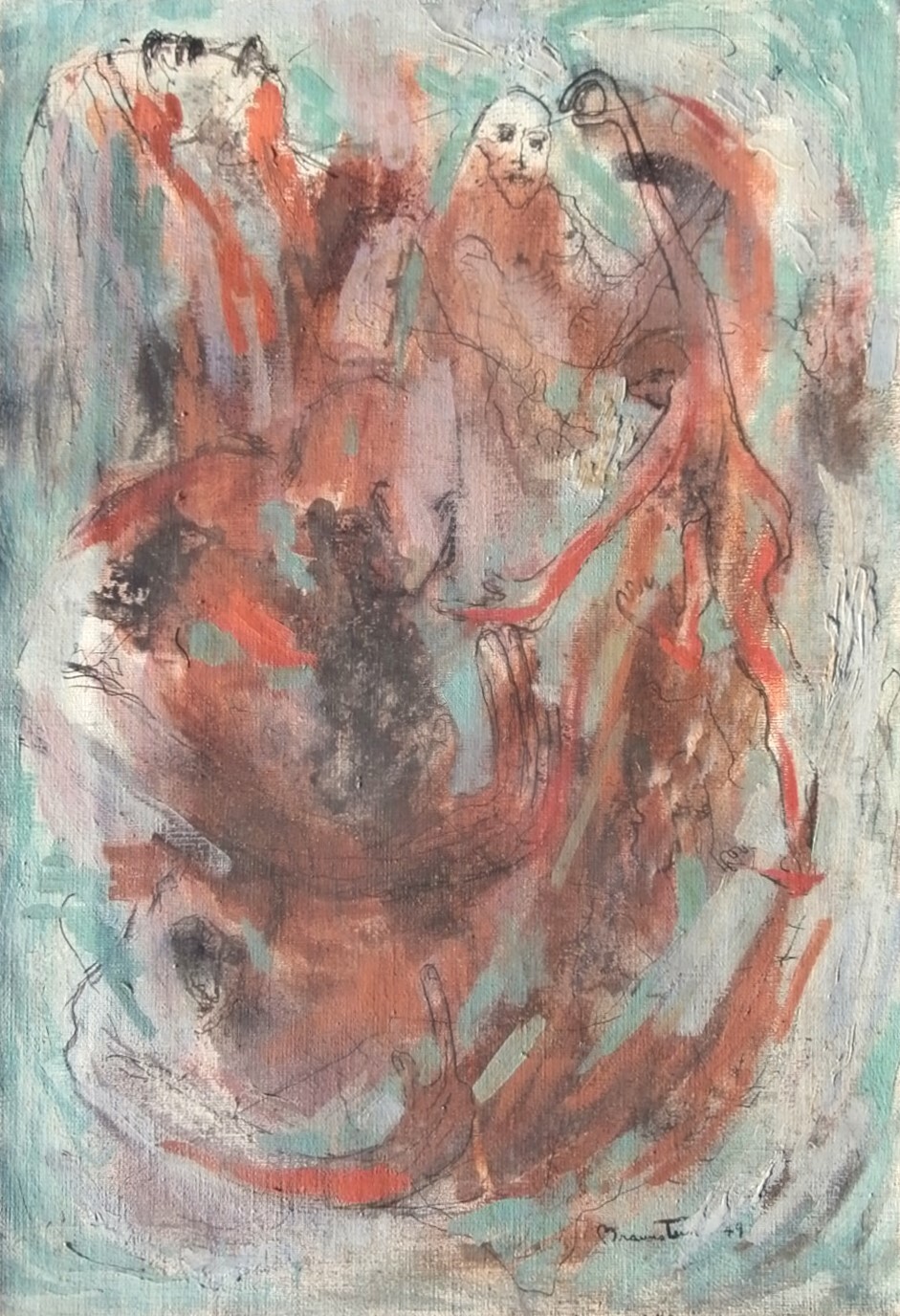 Abstract American 1949 Painting with Figures by PAFA Artist Robert B. Braunstein