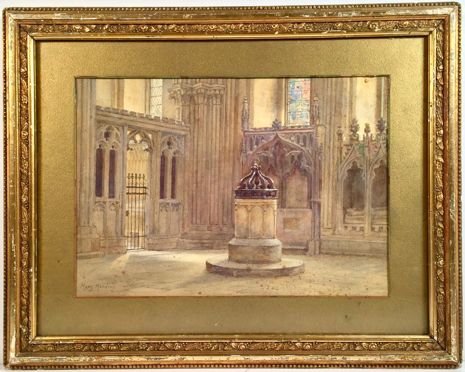 Listed Artist Mary E. Harding (1880-1903) Signed Watercolor «Font At Wells»