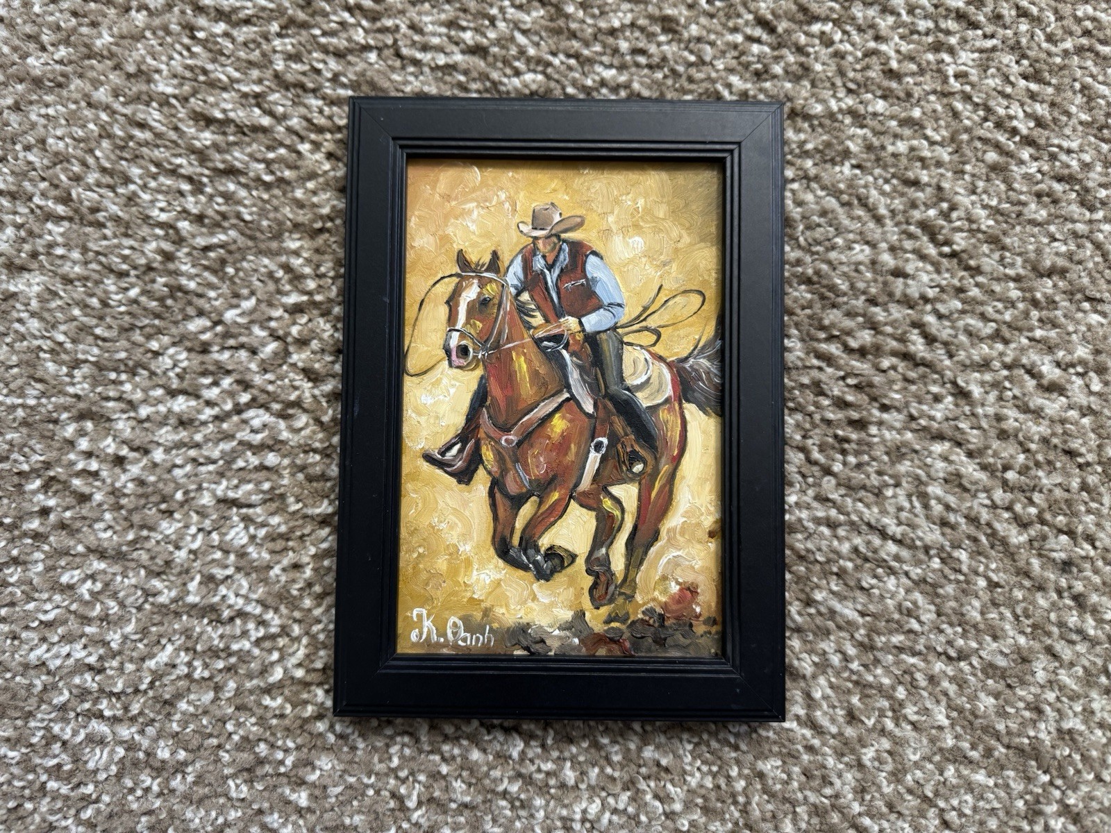 ORIGINAL OIL PAINTING WESTERN COWBOY SIGNED FRAMED 4×6