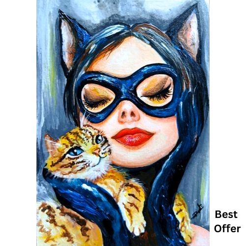 ACEO Original Cat Lady Girl Animals Love Mini Pop Art Acrylic Hand Painting NEW