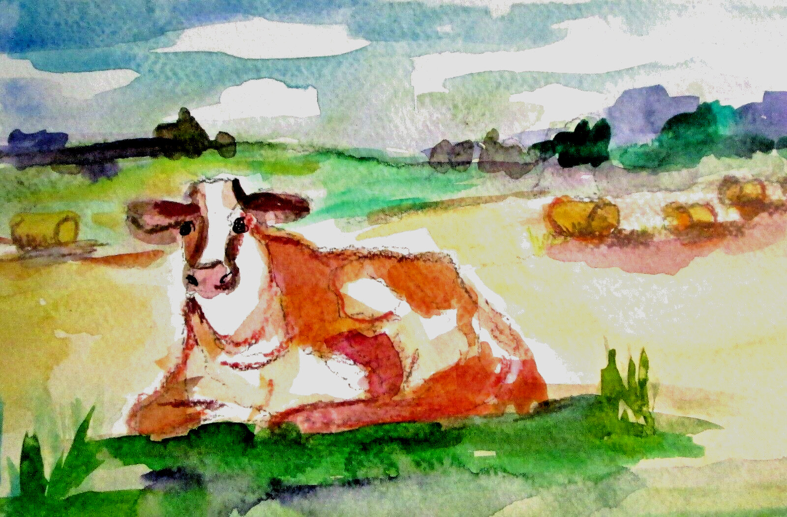 Delilah Resting Cow impressionism field farm watercolor landscape