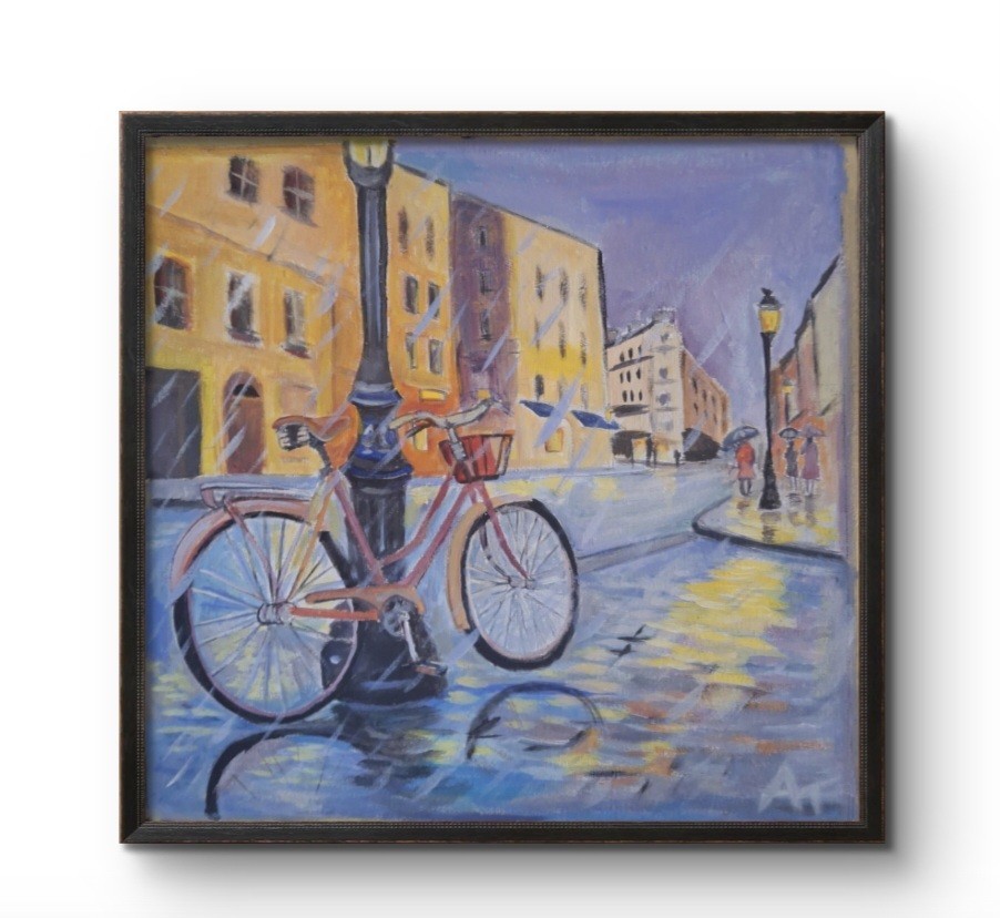Original Painting 12×12 Rainy Bicycle Acrylic Canvas Signed Contemporary Decor