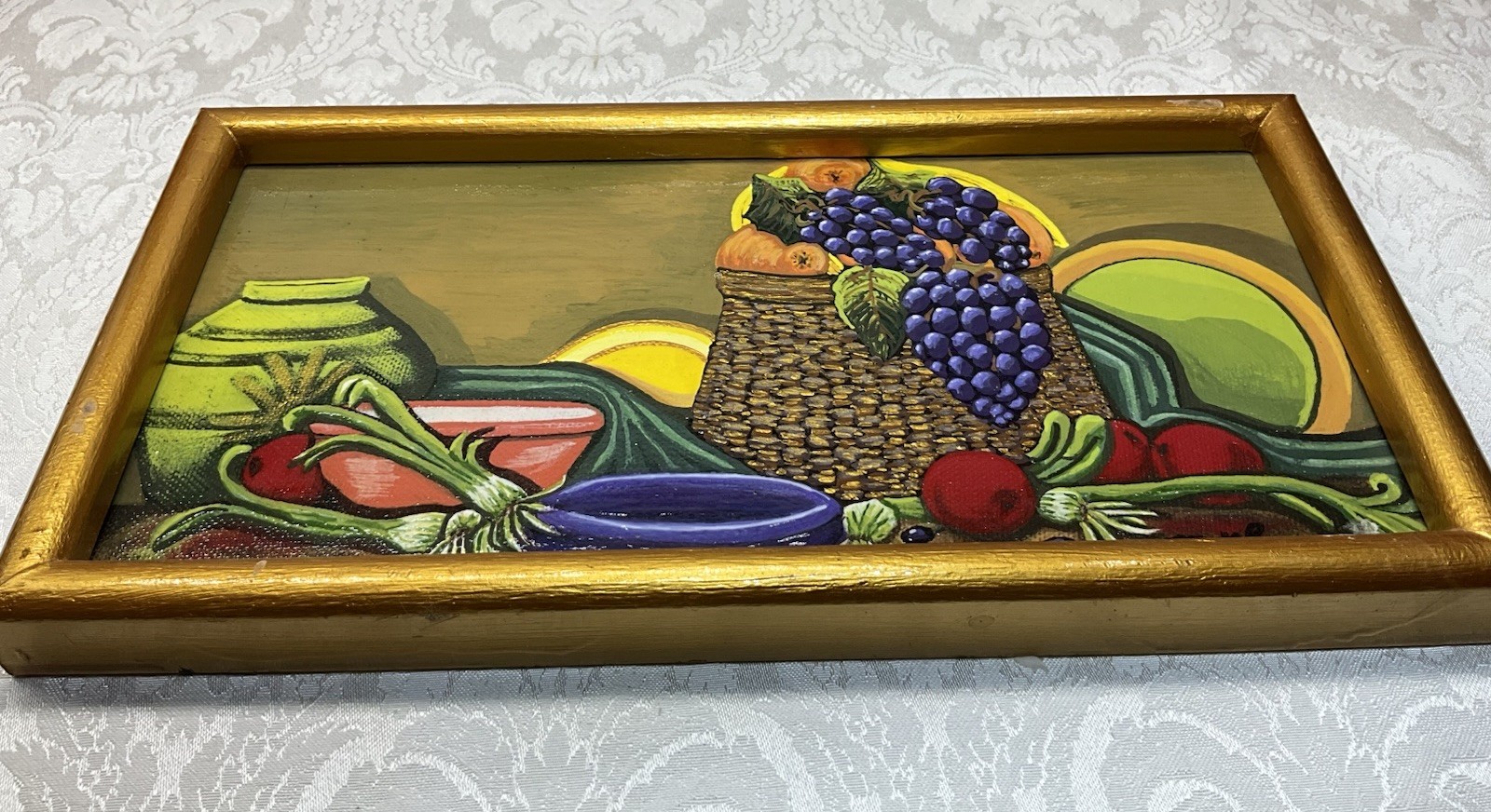 Signed MG Peace Haitian Folk Art FRUIT Acrylic on Board Painting 13” In Frame