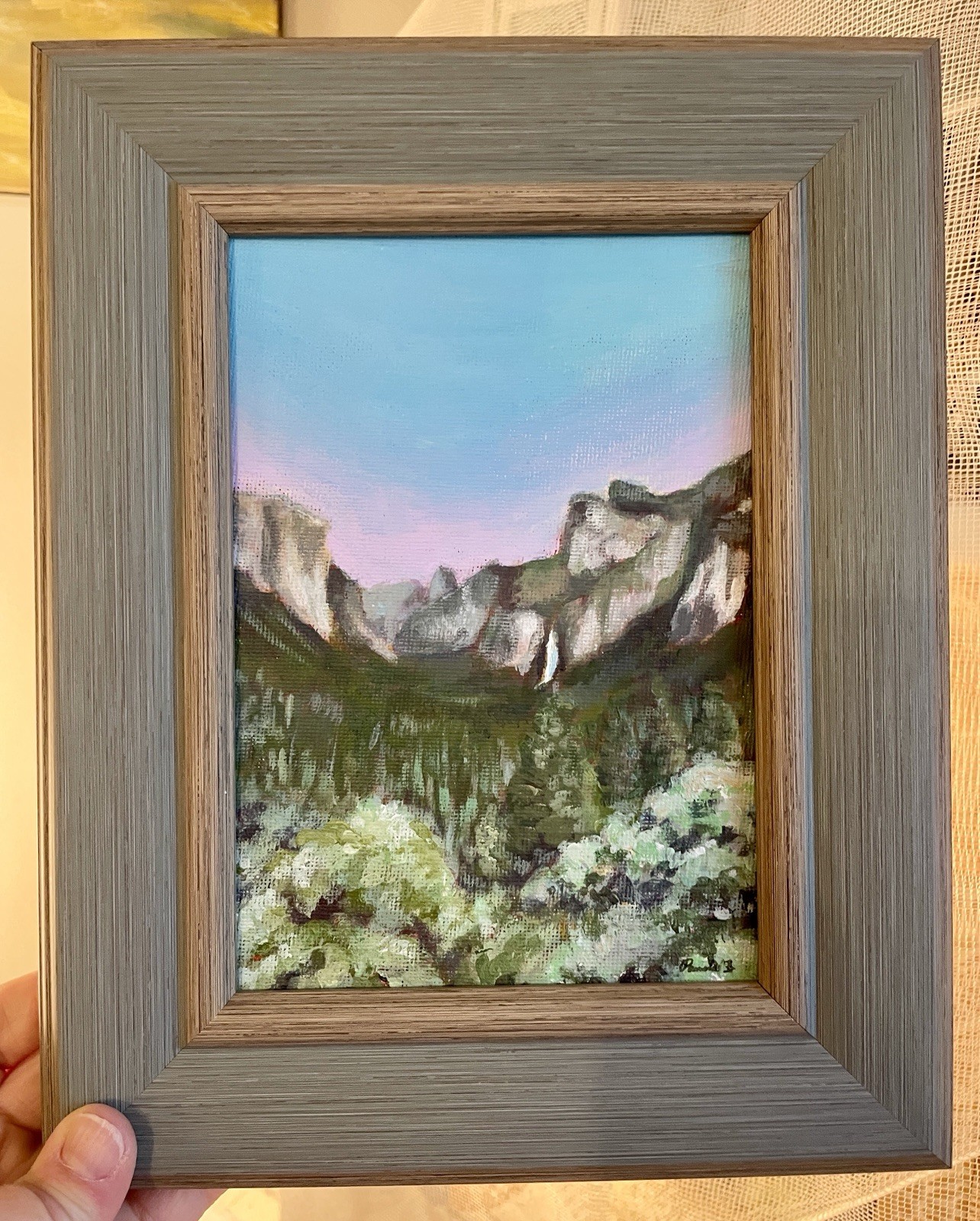 Yosemite Valley Sunset Original Painting Framed 5×7 Mountain Art